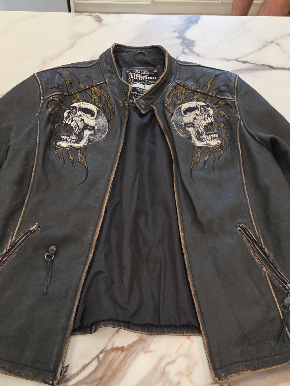 Affliction Black Leather Bomber Jacket with Skull Embroidery